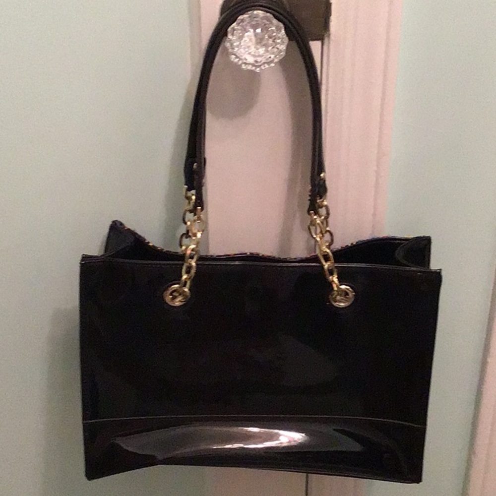 ANNE KLEIN VINTAGE BAG BLACK PATENT LEATHER /WEAVE - Picture 3 of 7